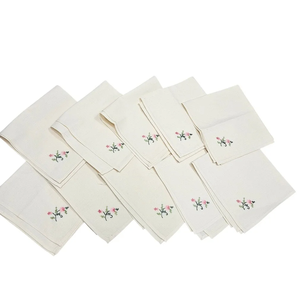 Vintage Set of 10 Ivory Cloth Napkins Pink‎ Floral Cross Stitch Embroidery 15x15